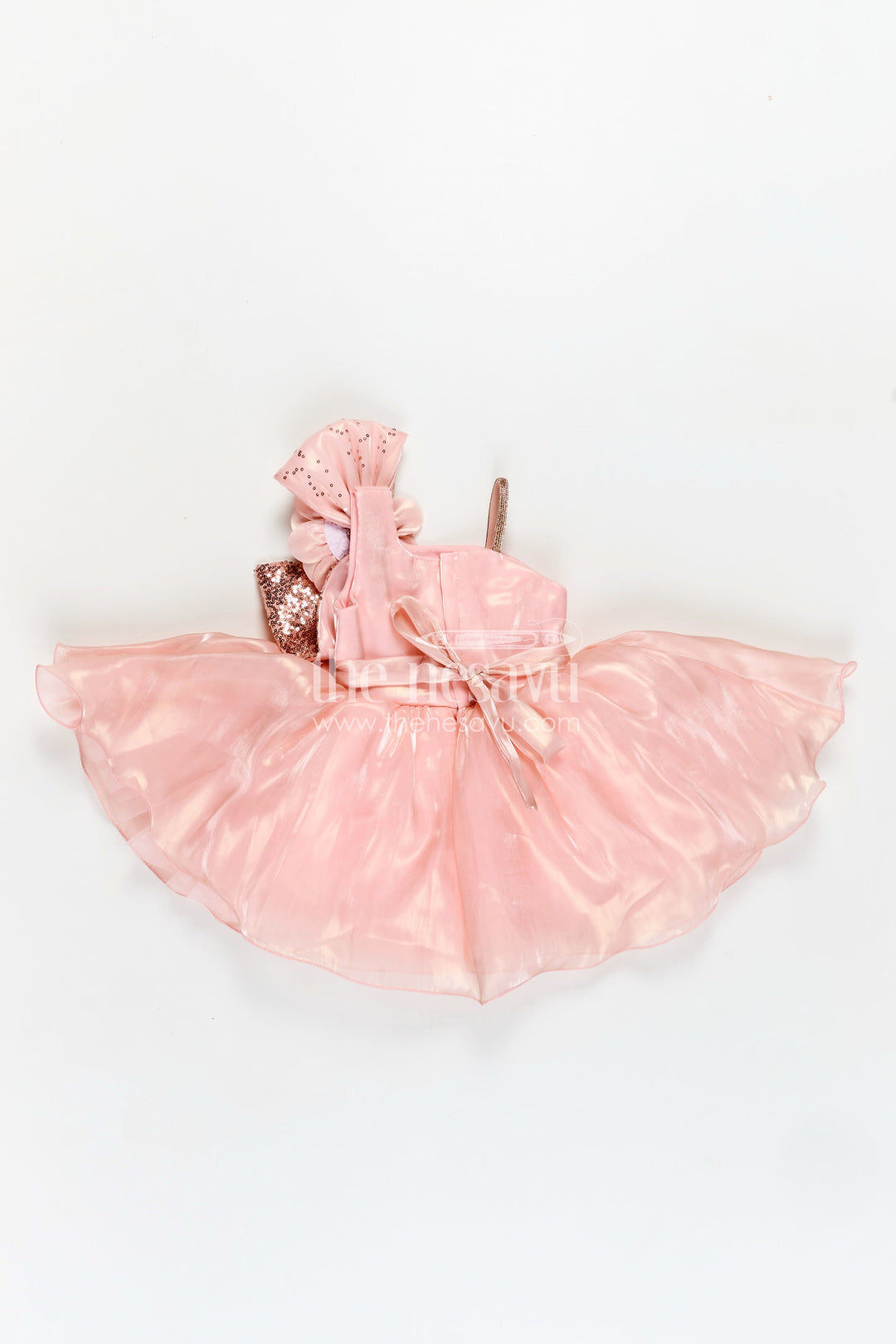 The Nesavu Girls Fancy Party Frock Girls Glaze Organza latest frock model in Peach with Sequin Embellishment and 3D Floral Design Nesavu Nesavu Peach Glaze Organza Frock Sequin 3D Floral Detail latest frock model Girls