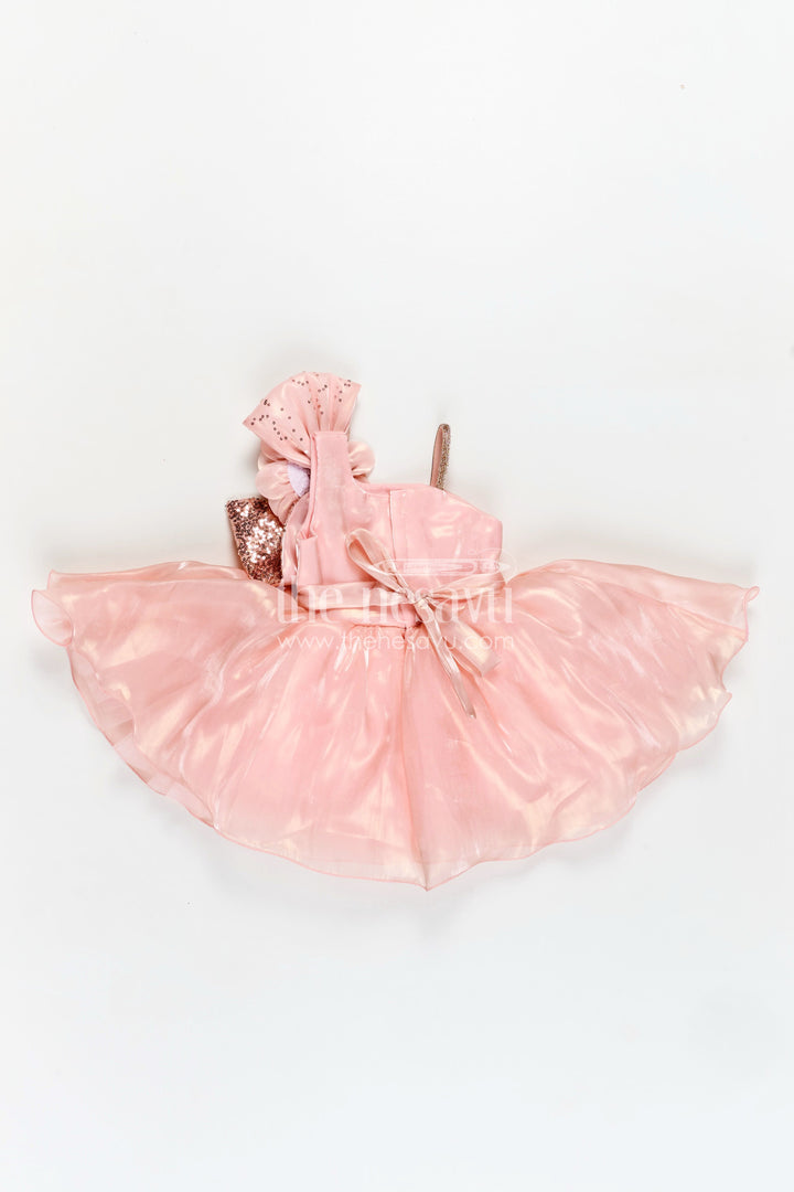 The Nesavu Girls Fancy Party Frock Girls Glaze Organza latest frock model in Peach with Sequin Embellishment and 3D Floral Design Nesavu Nesavu Peach Glaze Organza Frock Sequin 3D Floral Detail latest frock model Girls