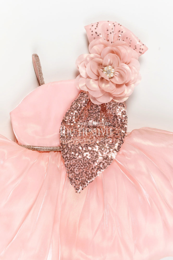 The Nesavu Girls Fancy Party Frock Girls Glaze Organza latest frock model in Peach with Sequin Embellishment and 3D Floral Design Nesavu Nesavu Peach Glaze Organza Frock Sequin 3D Floral Detail latest frock model Girls