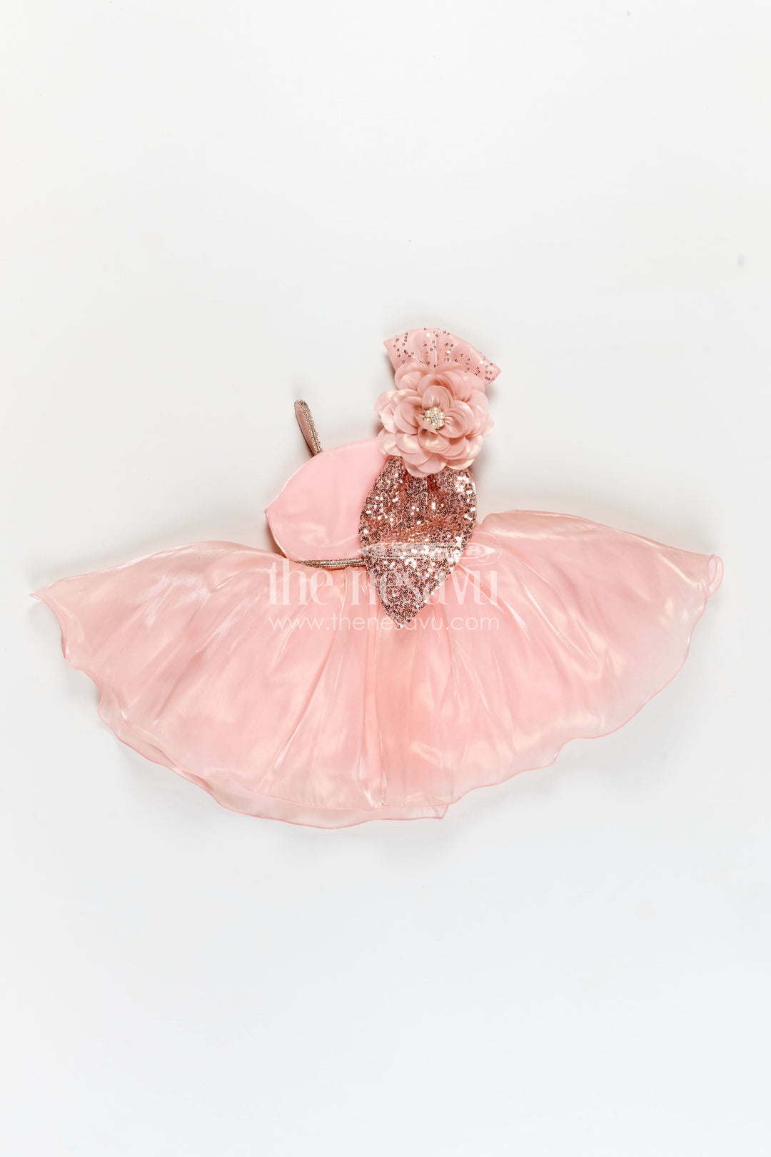 The Nesavu Girls Fancy Party Frock Girls Glaze Organza latest frock model in Peach with Sequin Embellishment and 3D Floral Design Nesavu Nesavu Peach Glaze Organza Frock Sequin 3D Floral Detail latest frock model Girls