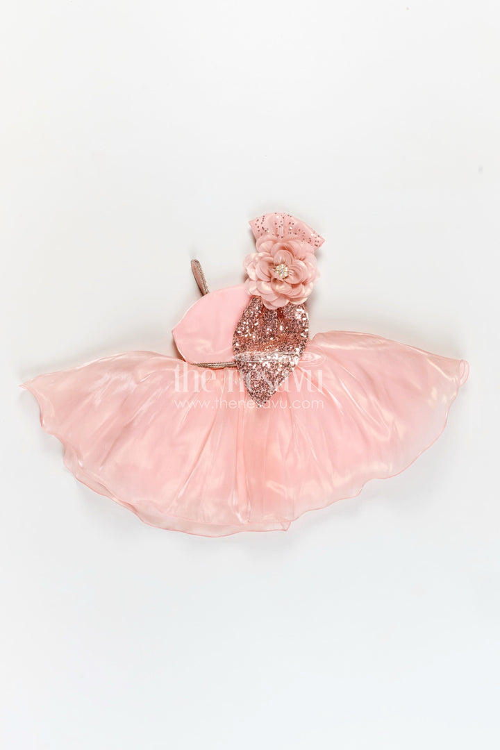 The Nesavu Girls Fancy Party Frock Girls Glaze Organza latest frock model in Peach with Sequin Embellishment and 3D Floral Design Nesavu Nesavu Peach Glaze Organza Frock Sequin 3D Floral Detail latest frock model Girls