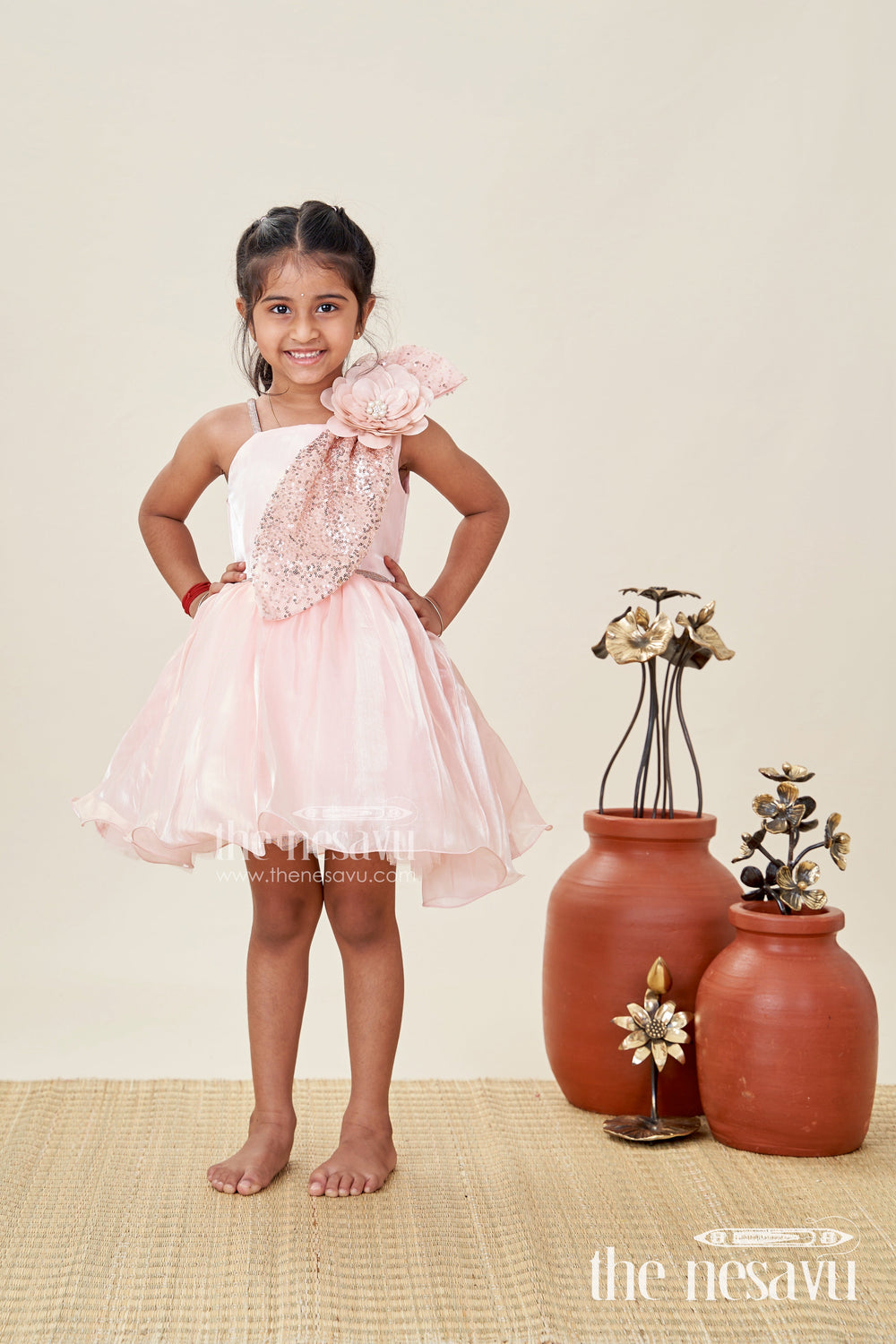 The Nesavu Girls Fancy Party Frock Girls Glaze Organza Latest Frock Model in Peach with Sequin Embellishment and 3D Floral Design Nesavu Nesavu Peach Glaze Organza Frock Sequin 3D Floral Detail latest frock model Girls