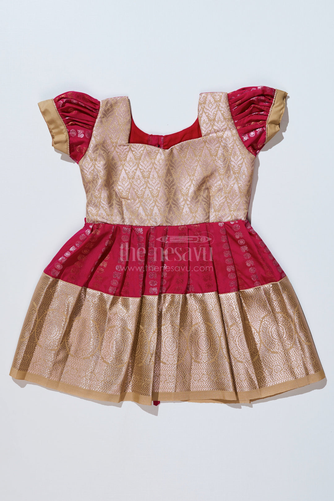 The Nesavu Girls Kanchi Silk Frock Girls Gold and Red Pattu Pavadai with Intricate Zari Border and Elegant Pleated Design Nesavu Nesavu Girls Gold Red Pattu Pavadai Intricate Zari Border Elegant Pleated Design