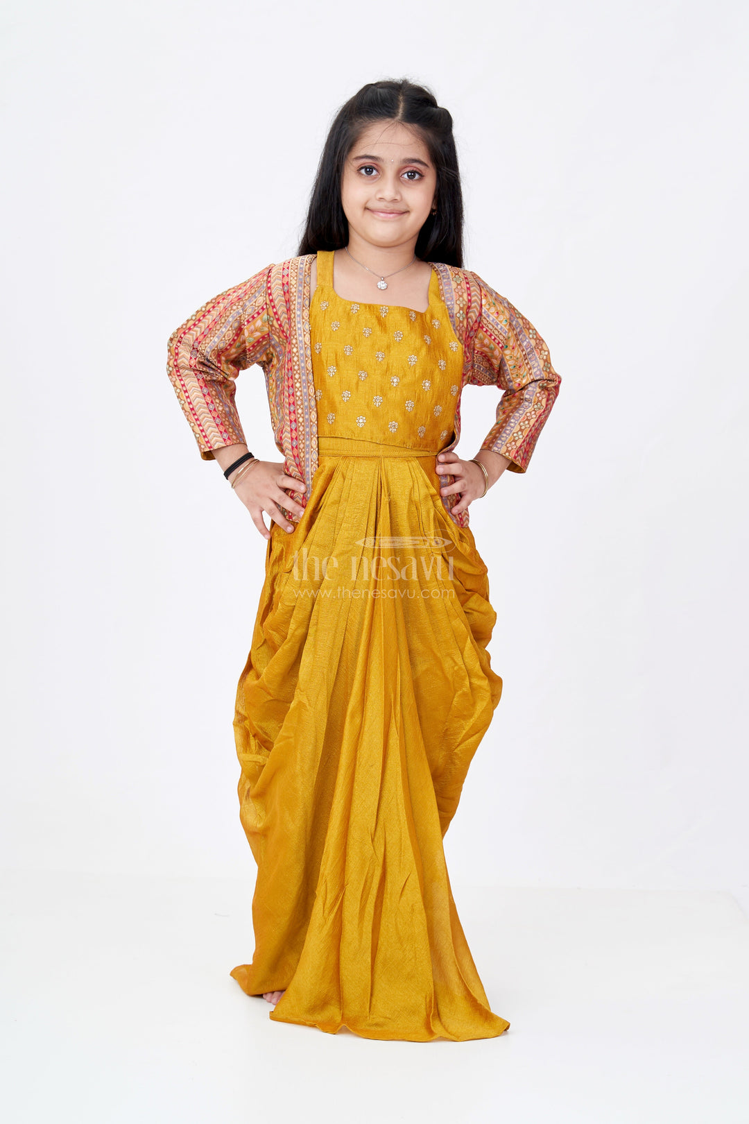 The Nesavu Girls Lehenga Choli Girls Gold Crop Top for Lehenga in Viscose Georgette with Designer Print and Half Sleeve Jacket Nesavu 24 (5Y) / Yellow GL616B-24 Nesavu Girls Gold Crop Top Lehenga Set Printed Jacket Viscose Georgette