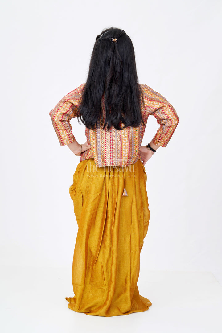The Nesavu Girls Lehenga Choli Girls Gold Crop Top for Lehenga in Viscose Georgette with Designer Print and Half Sleeve Jacket Nesavu Nesavu Girls Gold Crop Top Lehenga Set Printed Jacket Viscose Georgette