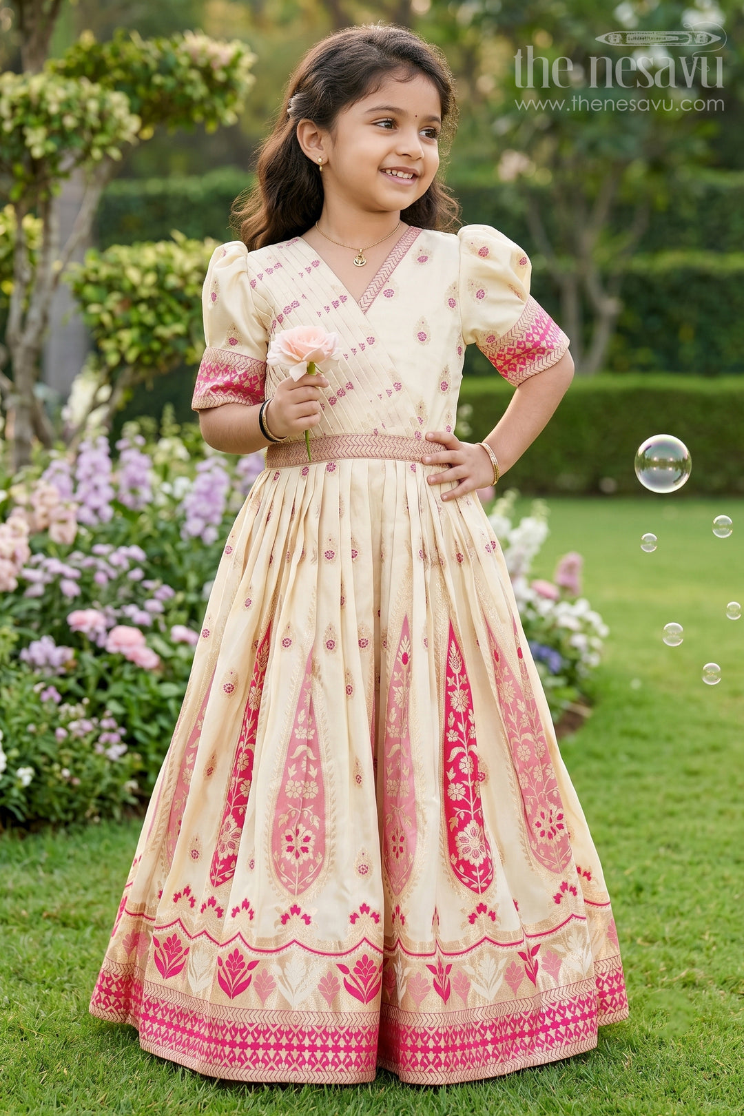 The Nesavu Girls Silk Gown Girls Gold Silk Gown with Banarasi Jacquard Kali Pattern and Puff Sleeves for Grand Occasions Nesavu 18 (2Y) / Cream GA301A-18 Girls Gold Silk Gown Banarasi Jacquard Kali Pattern Elegant Puff Sleeves | The Nesavu