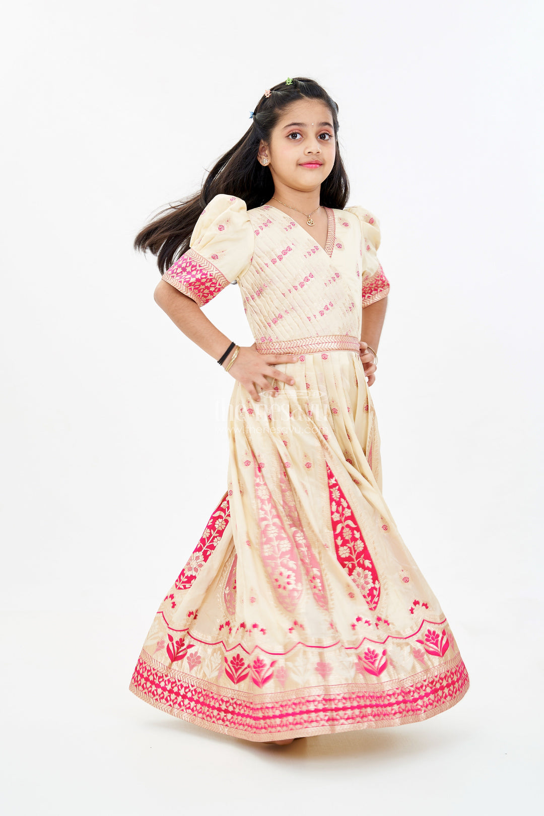 The Nesavu Girls Silk Gown Girls Gold Silk Gown with Banarasi Jacquard Kali Pattern and Puff Sleeves for Grand Occasions Nesavu 18 (2Y) / Cream GA301A-18 Nesavu Girls Gold Silk Gown Banarasi Jacquard Kali Pattern Elegant Puff Sleeves