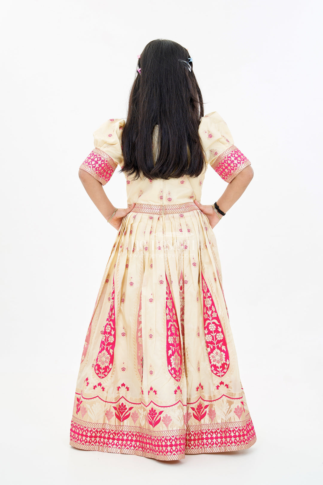 The Nesavu Girls Silk Gown Girls Gold Silk Gown with Banarasi Jacquard Kali Pattern and Puff Sleeves for Grand Occasions Nesavu Nesavu Girls Gold Silk Gown Banarasi Jacquard Kali Pattern Elegant Puff Sleeves