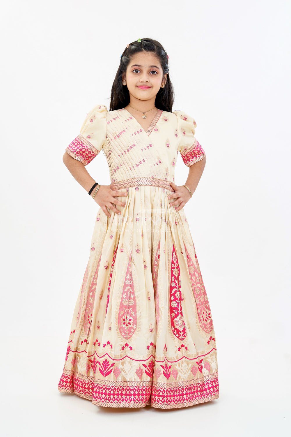 The Nesavu Girls Silk Gown Girls Gold Silk Gown with Banarasi Jacquard Kali Pattern and Puff Sleeves for Grand Occasions Nesavu Nesavu Girls Gold Silk Gown Banarasi Jacquard Kali Pattern Elegant Puff Sleeves