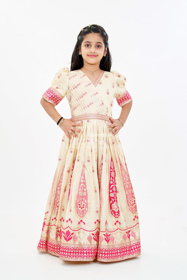 The Nesavu Girls Silk Gown Girls Gold Silk Gown with Banarasi Jacquard Kali Pattern and Puff Sleeves for Grand Occasions Nesavu Nesavu Girls Gold Silk Gown Banarasi Jacquard Kali Pattern Elegant Puff Sleeves