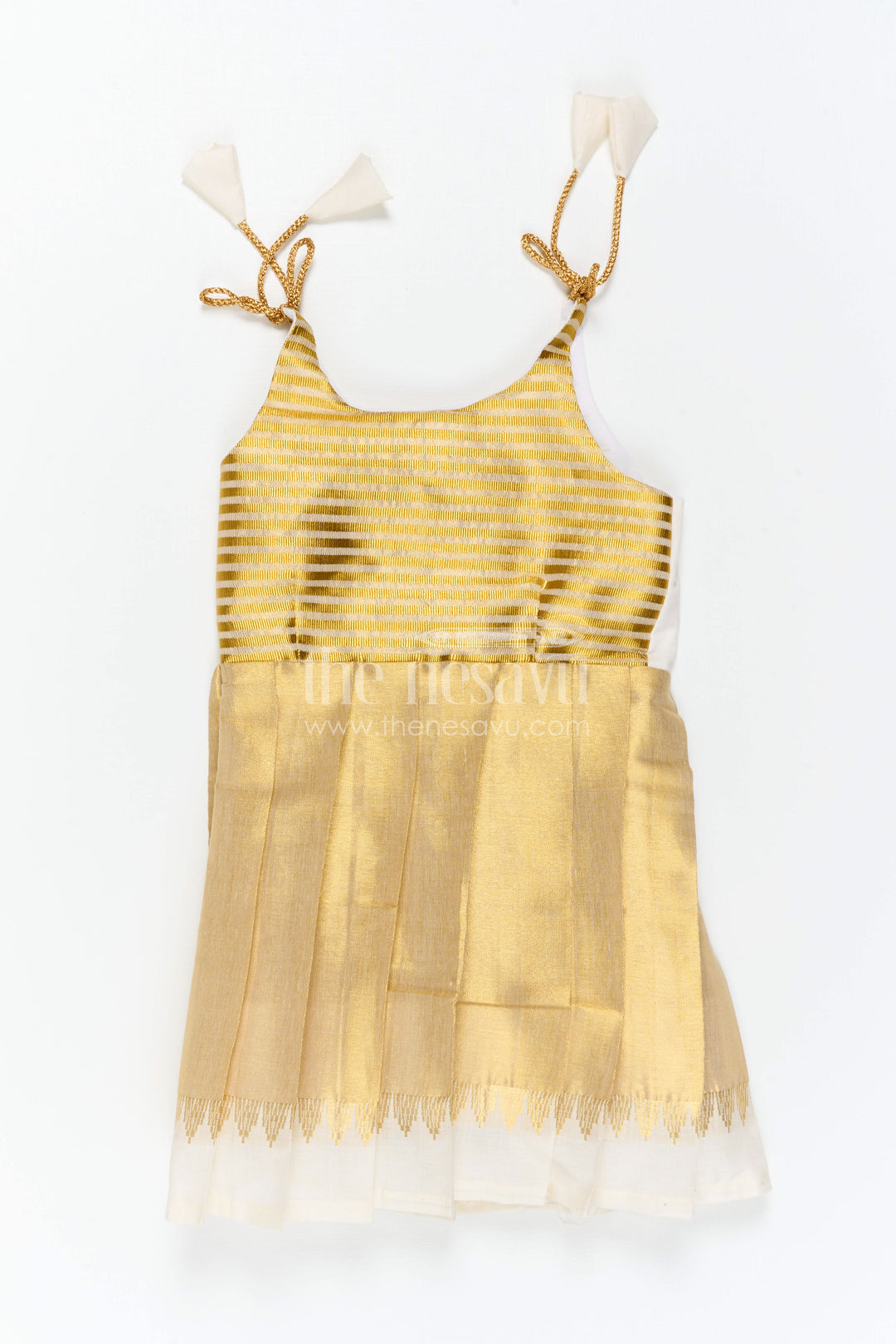 The Nesavu Tie-up Frock Girls Gold Tie up Frock for Festive Family Occasions Nesavu Nesavu Girls Gold Tissue Silk Tie Up Frock For Festive Birthdays And Family Events