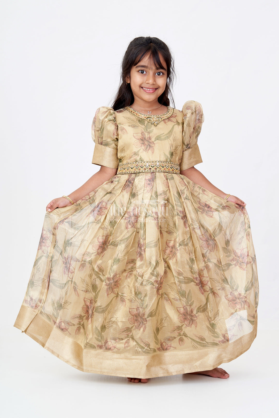 The Nesavu Girls Silk Gown Girls Golden Anarkali in Tissue Fabric with Floral Digital Print and Embellished Neckline for Elegant Occasions Nesavu 24 (5Y) / Gold GA307A-24 Girls Golden Anarkali Gown Tissue Floral Digital Print Embellished Details | The Nesavu