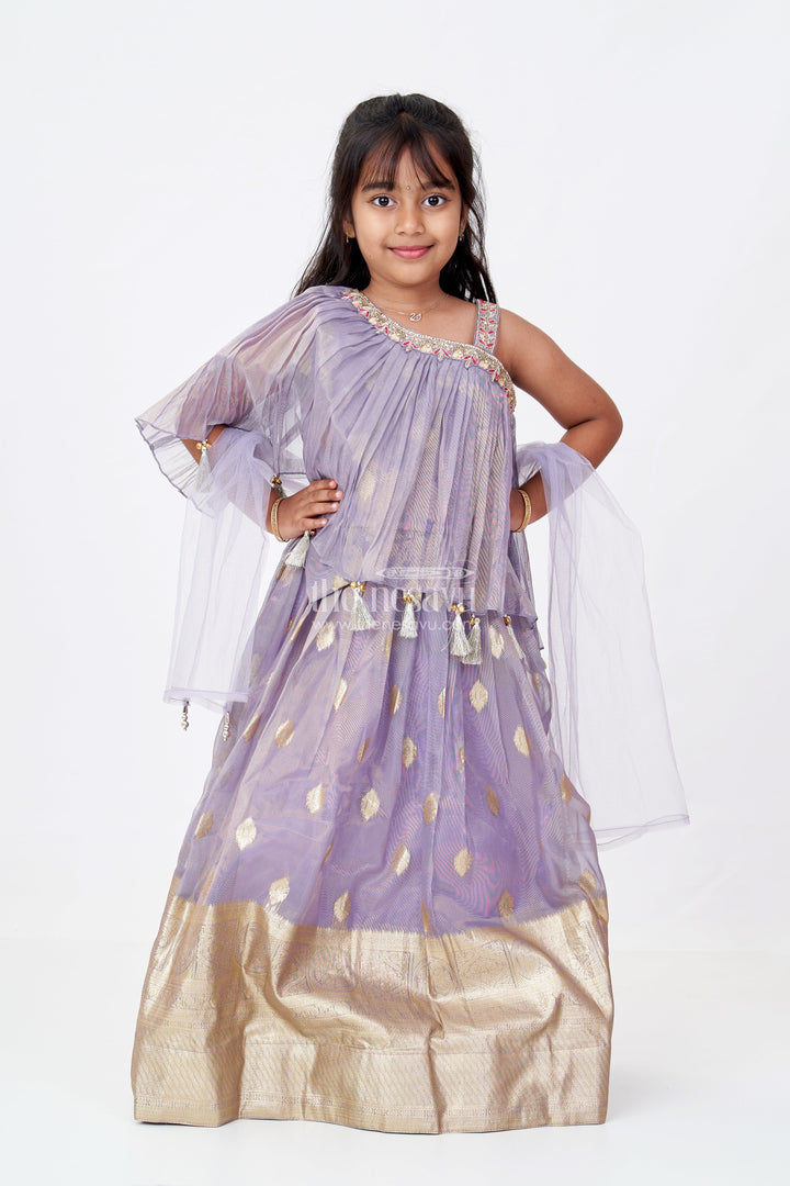 The Nesavu Girls Lehenga Choli Girls Golden Colour Ka Lehenga in Banarasi Kora Tissue Silk with Elegant Zari Border and Off-Shoulder Cape Nesavu 18 (2Y) / Purple GL614B-18 Nesavu Girls Golden Colour Ka Lehenga Banarasi Silk Lavender Tones Cape Choli Design