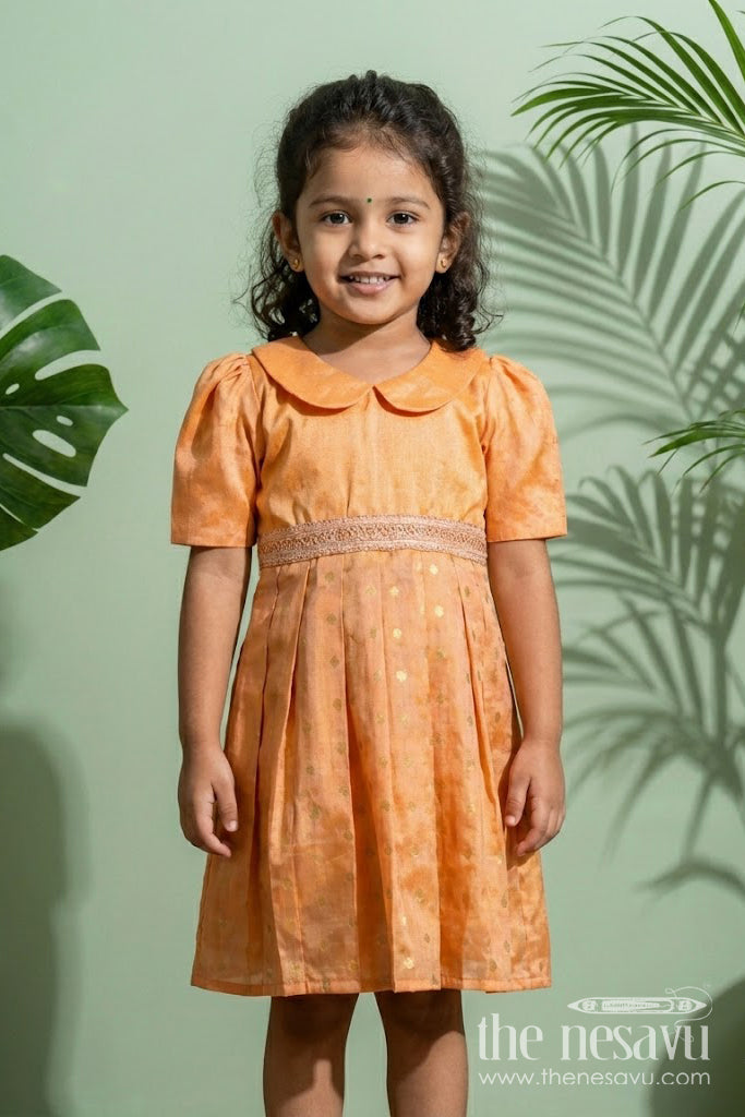 The Nesavu Silk Frock Girls Golden Silk Frock in Raw Silk with Peter Pan Collar and Semi Banarasi Woven Bottom Nesavu 22 (4Y) / Gold SF1024A-22 Nesavu Girls Golden Silk Frock Raw Silk Banarasi Bottom Peter Pan Collar Detail