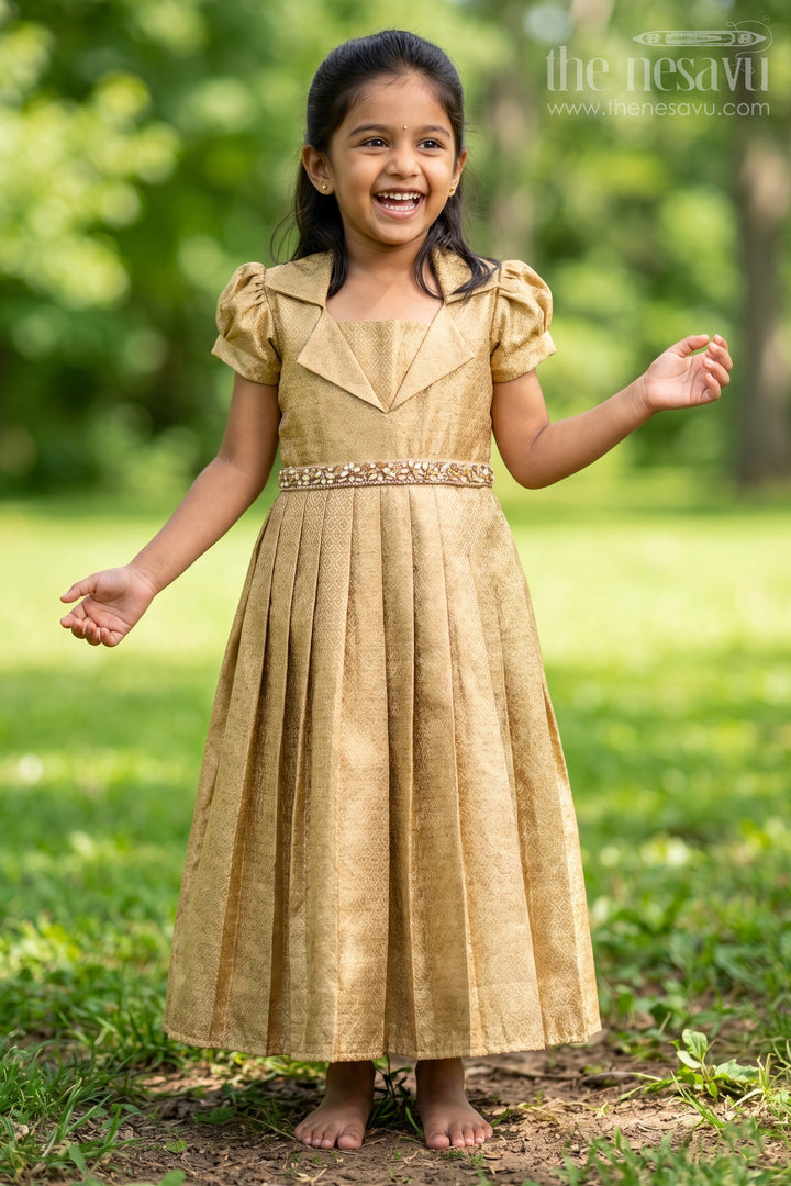The Nesavu Girls Silk Gown Girls Golden Tissue Silk Anarkali Dress with Puff Sleeves and Beaded Waist Belt Nesavu 18 (2Y) / Gold GA372B-18 Nesavu girls golden tissue silk anarkali with puff sleeves and embellished waist belt