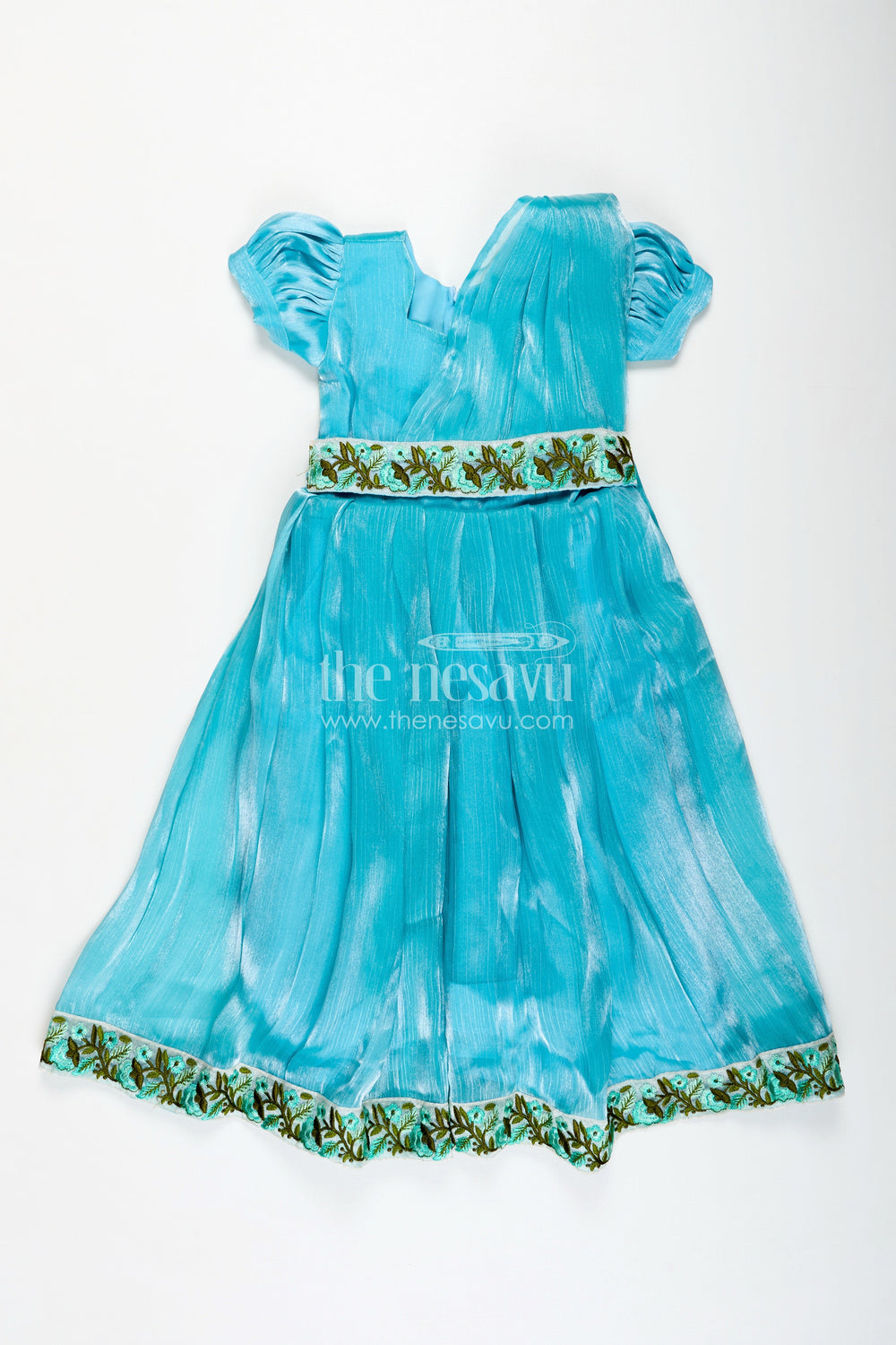 The Nesavu Girls Party Gown Girls Gown Dress Party Wear in Blue Organza with Leaf Embroidered Lace and Elegant Flared Finish Nesavu 20 (3Y) / Blue GA311B-20 Nesavu Girls Blue Organza Gown Dress Party Wear with Leaf Lace Trim and Elegant Draped Dupatta