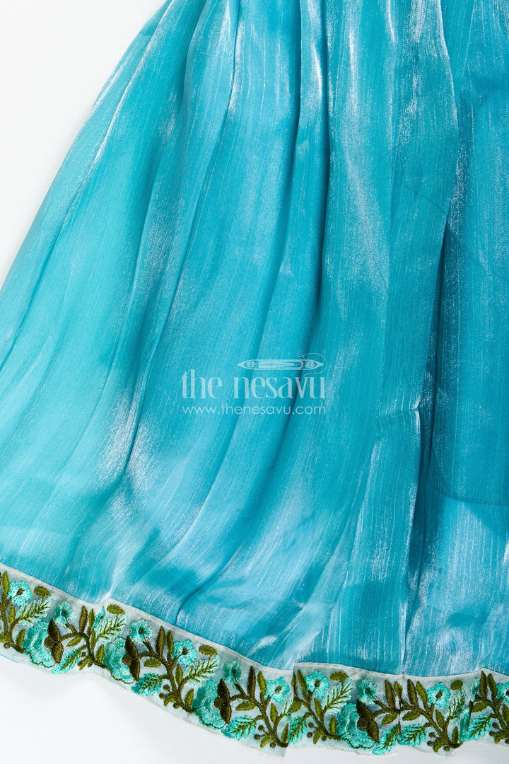 The Nesavu Girls Party Gown Girls Gown Dress Party Wear in Blue Organza with Leaf Embroidered Lace and Elegant Flared Finish Nesavu Nesavu Girls Blue Organza Gown Dress Party Wear with Leaf Lace Trim and Elegant Draped Dupatta
