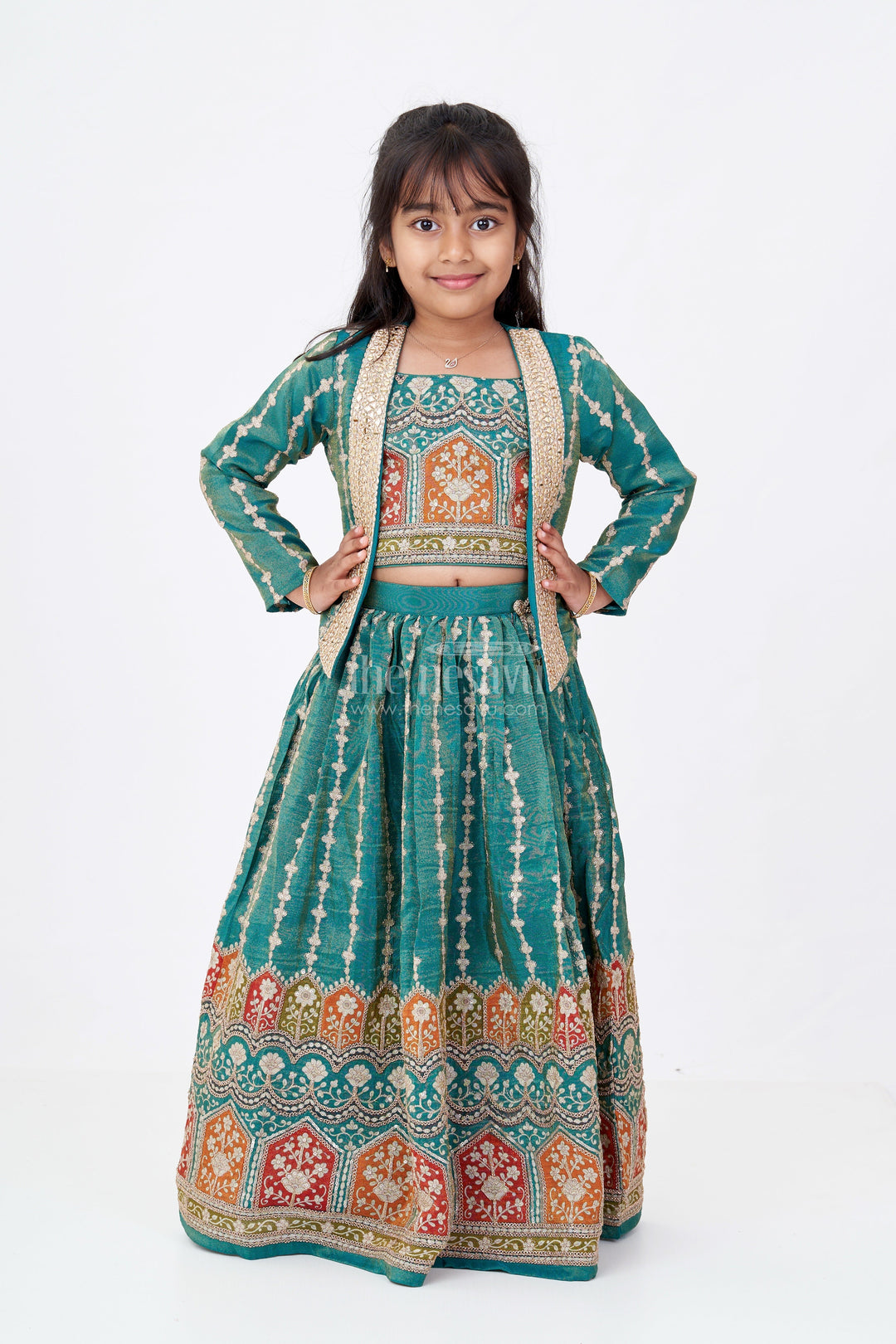 The Nesavu Girls Lehenga Choli Girls Green 10 Sal Ki Bacchi Ka Lehenga with Viscose Tissue Silk and Designer Embroidery Nesavu 22 (4Y) / Green GL613B-22 Nesavu Girls Green Lehenga Choli 10 Year Old Tissue Silk Jacket Designer Embroidery