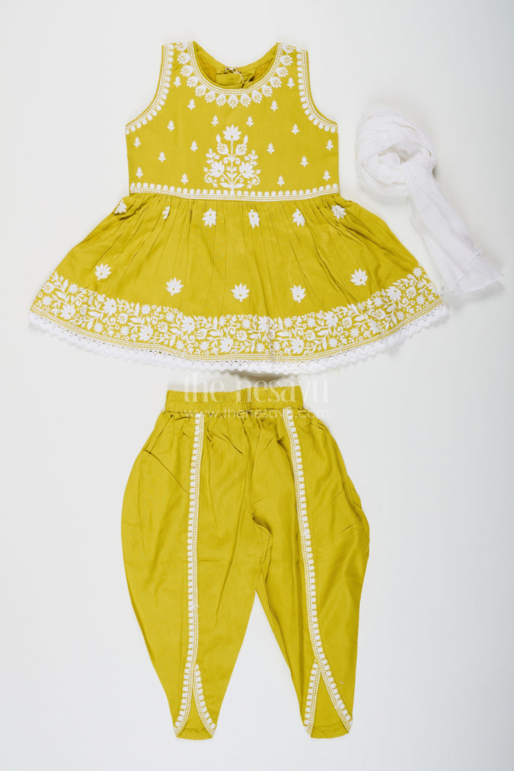 The Nesavu Girls Dothi Sets Girls green color sharara Set with White Thread Embroidery and Matching Dupatta for Festive Wear Nesavu Nesavu Girls green color sharara Set Embroidered Kurti Dupatta Traditional Occasions