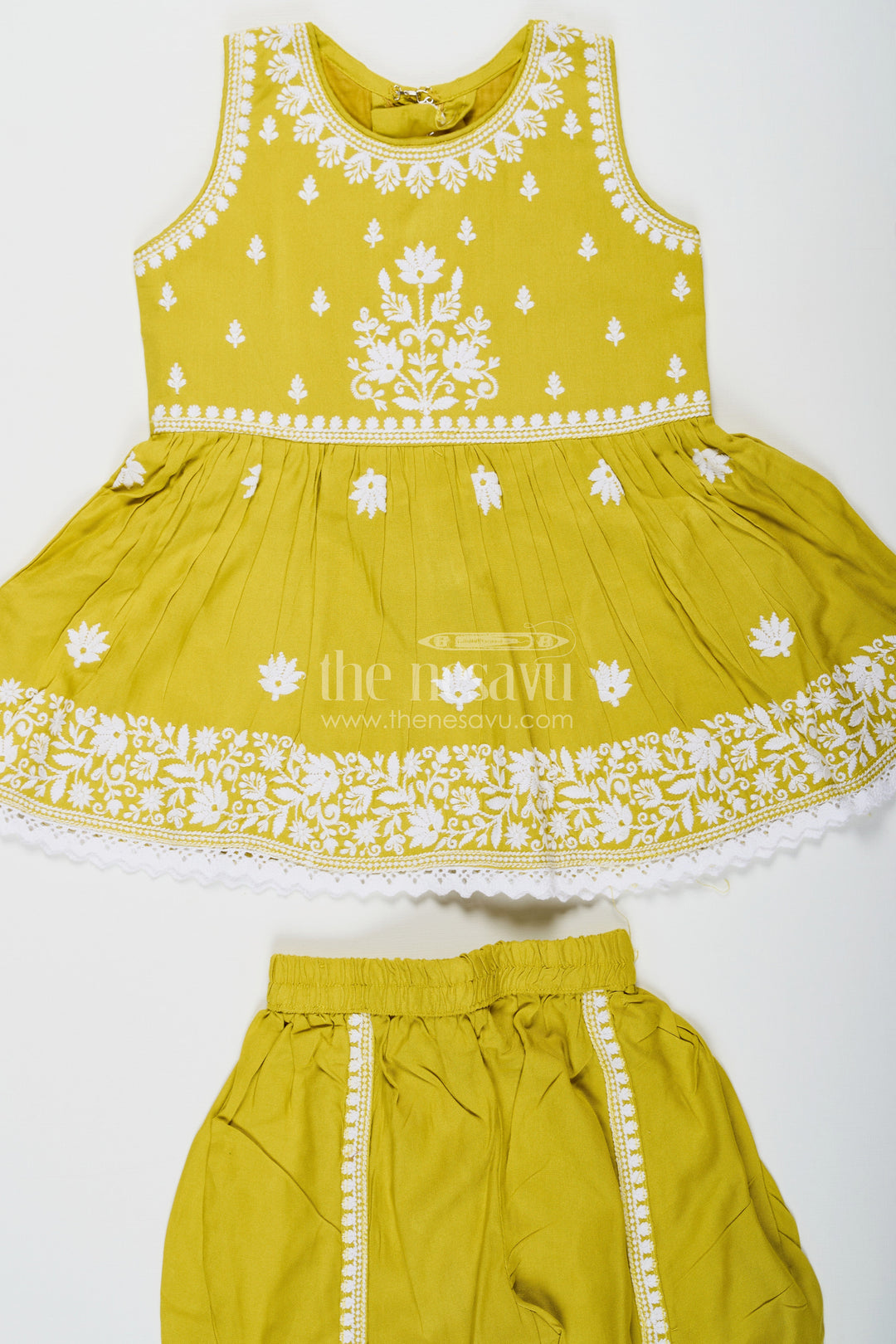 The Nesavu Girls Dothi Sets Girls green color sharara Set with White Thread Embroidery and Matching Dupatta for Festive Wear Nesavu Nesavu Girls green color sharara Set Embroidered Kurti Dupatta Traditional Occasions