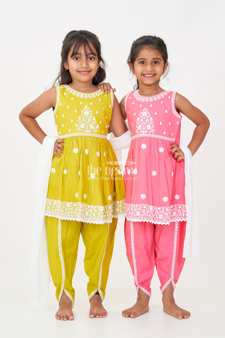 The Nesavu Girls Dothi Sets Girls green color sharara Set with White Thread Embroidery and Matching Dupatta for Festive Wear Nesavu Nesavu Girls green color sharara Set Embroidered Kurti Dupatta Traditional Occasions