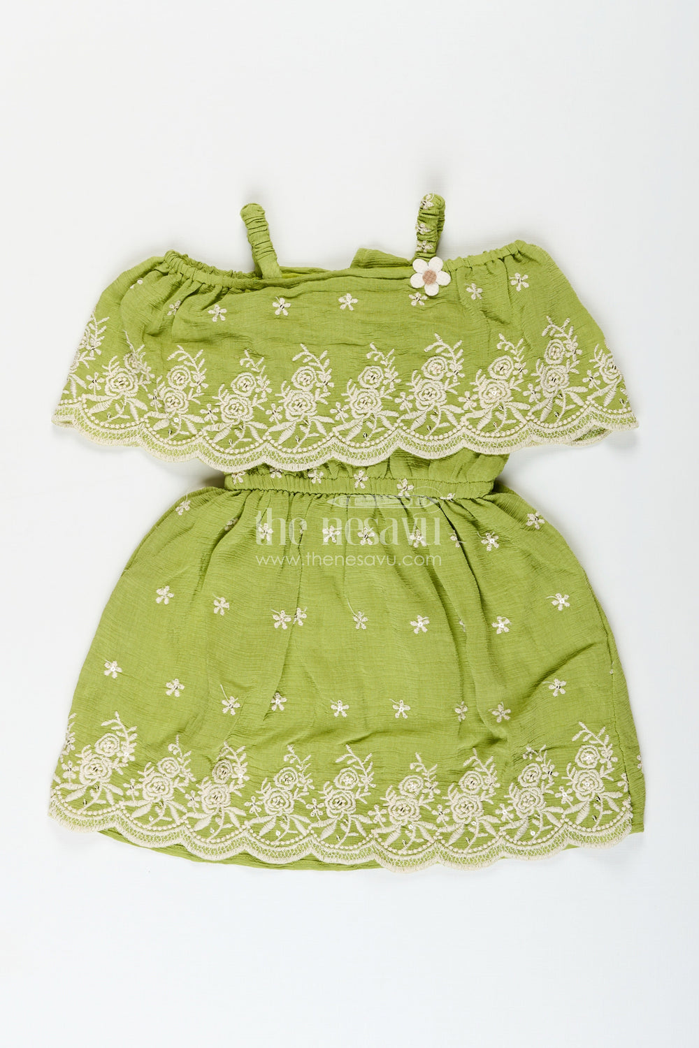 The Nesavu Girls Cotton Frock Girls green cotton frock with embroidery for birthdays and festive wear Nesavu 18 (2Y) / Green GFC1976B-18 Nesavu girls green cotton frock thread embroidery festive occasions birthdays