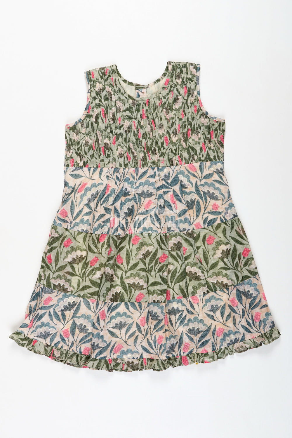 The Nesavu Girls Cotton Frock Girls Green Cotton Frock with Kantha Inspired Motifs and Playful Flair in Fancy Frock Design Style Nesavu 16 (1Y) / Green GFC1310C-16 Nesavu Girls Green Cotton Frock Kantha Embroidery Motifs Ruffle Details fancy frock design