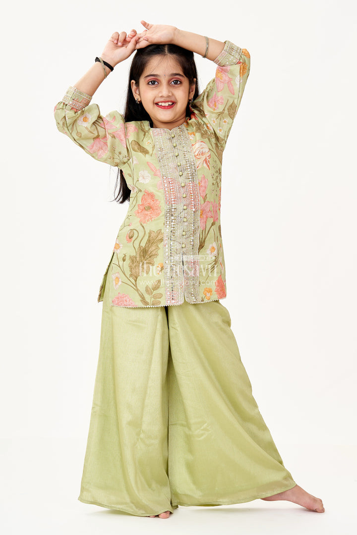 The Nesavu Girls Sharara / Plazo Set Girls Green Dress Palazzo Set in Floral Georgette with Sequence Embroidery and Puff Sleeves Nesavu 22 (4Y) / Green GPS584A-22 Nesavu Girls Green Dress Palazzo Set Floral Georgette Print Elegant Sequin Embroidery