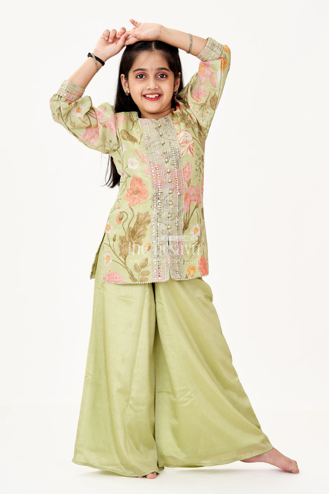 The Nesavu Girls Sharara / Plazo Set Girls Green Dress Palazzo Set in Floral Georgette with Sequence Embroidery and Puff Sleeves Nesavu 22 (4Y) / Green GPS584A-22 Nesavu Girls Green Dress Palazzo Set Floral Georgette Print Elegant Sequin Embroidery