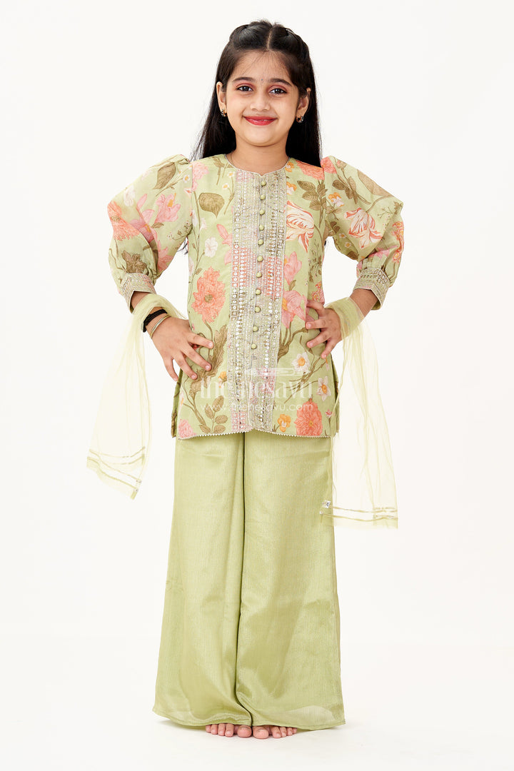 The Nesavu Girls Sharara / Plazo Set Girls Green Dress Palazzo Set in Floral Georgette with Sequence Embroidery and Puff Sleeves Nesavu Nesavu Girls Green Dress Palazzo Set Floral Georgette Print Elegant Sequin Embroidery