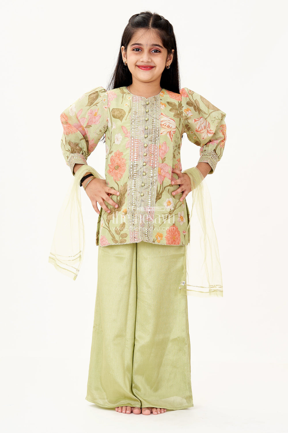 The Nesavu Girls Sharara / Plazo Set Girls Green Dress Palazzo Set in Floral Georgette with Sequence Embroidery and Puff Sleeves Nesavu Nesavu Girls Green Dress Palazzo Set Floral Georgette Print Elegant Sequin Embroidery