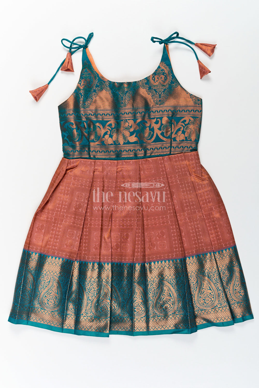 The Nesavu Tie Up Frock Girls Green Dress Silk Frock in Semi Kanchivaram with Tie Up Tassel Straps and Zari Pleated Hem Nesavu 20 (3Y) / Green / Style 1 SF832CA-20 Nesavu Green Dress Silk Frock for Girls in Semi Kanchivaram with Zari Border and Tie Up Tassels