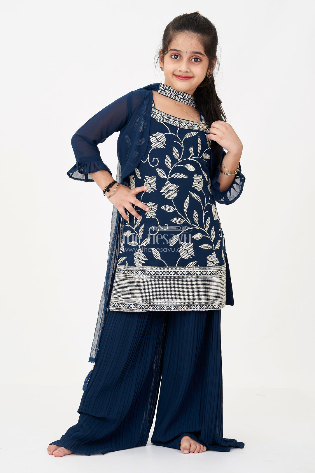 The Nesavu Girls Sharara / Plazo Set Girls Green Ethnic Dress in Georgette with Sequin Embroidered Crop Top and Flared Palazzo Pants Nesavu 28 (7Y) / Blue GPS578A-28 Nesavu Girls Green Ethnic Dress Georgette Sequin Embroidered Top Palazzo Pants