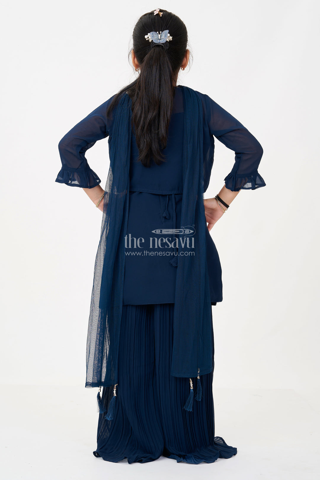 The Nesavu Girls Sharara / Plazo Set Girls Green Ethnic Dress in Georgette with Sequin Embroidered Crop Top and Flared Palazzo Pants Nesavu Nesavu Girls Green Ethnic Dress Georgette Sequin Embroidered Top Palazzo Pants