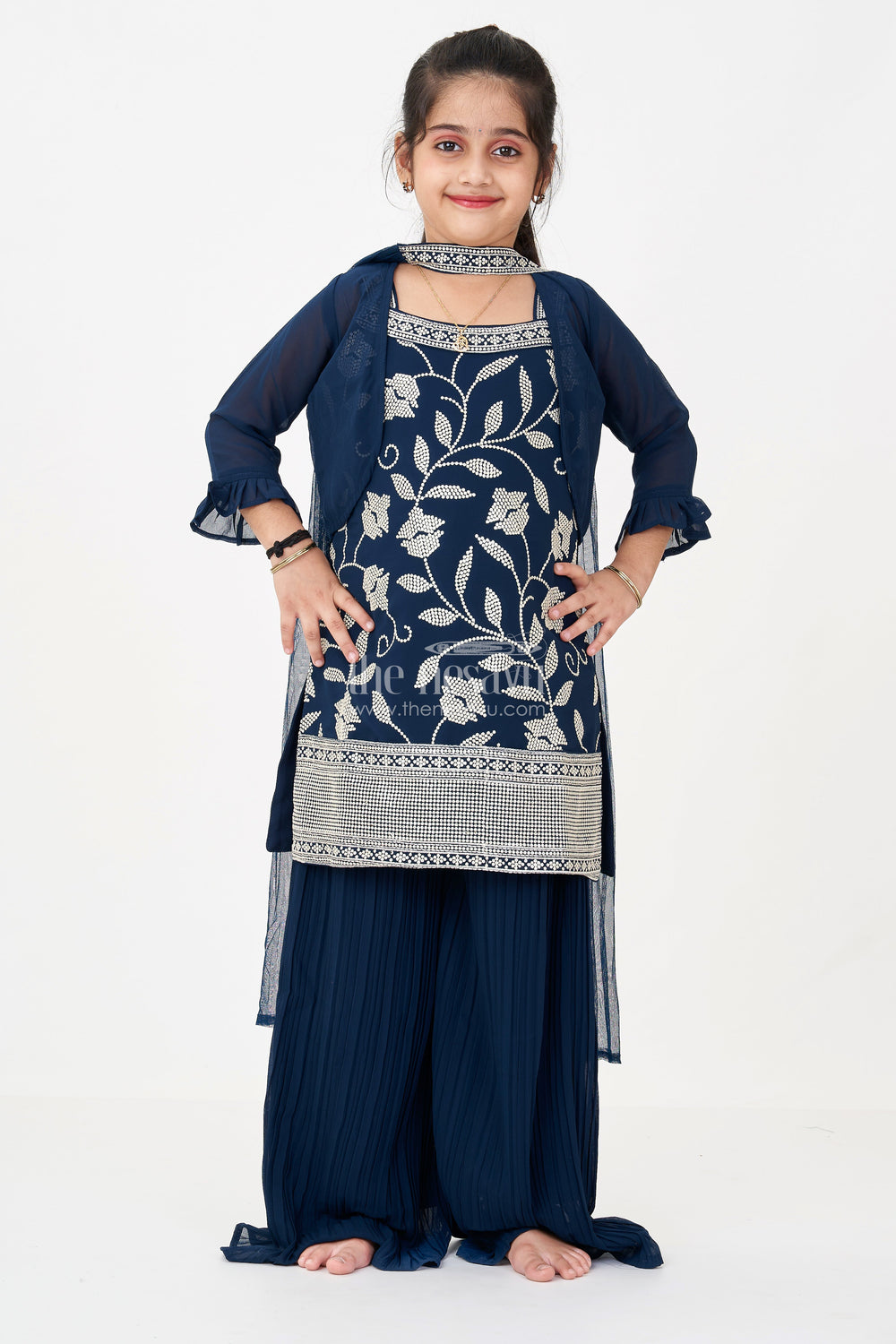 The Nesavu Girls Sharara / Plazo Set Girls Green Ethnic Dress in Georgette with Sequin Embroidered Crop Top and Flared Palazzo Pants Nesavu Nesavu Girls Green Ethnic Dress Georgette Sequin Embroidered Top Palazzo Pants