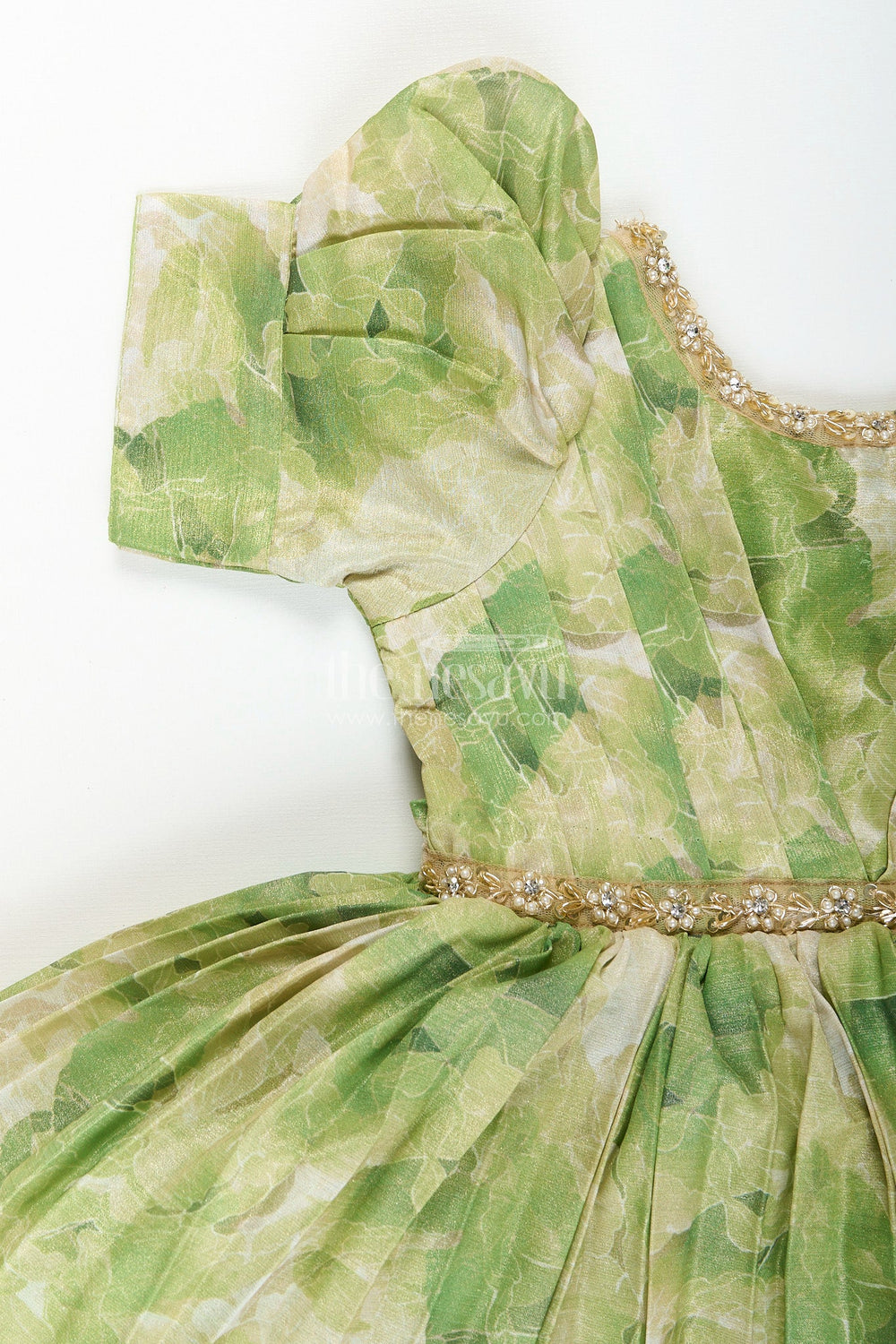 The Nesavu Girls Fancy Frock Girls green floral digital print fancy frock Nesavu Nesavu girls green floral digital print viscose silk frock puff sleeve fancy dress
