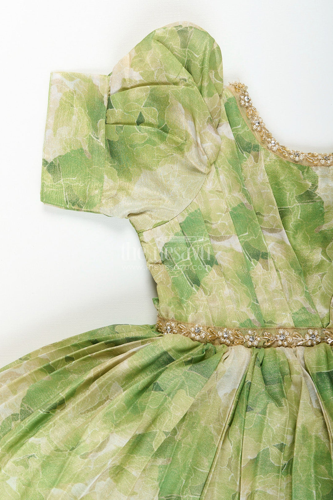 The Nesavu Girls Fancy Frock Girls green floral digital print fancy frock Nesavu Nesavu girls green floral digital print viscose silk frock puff sleeve fancy dress
