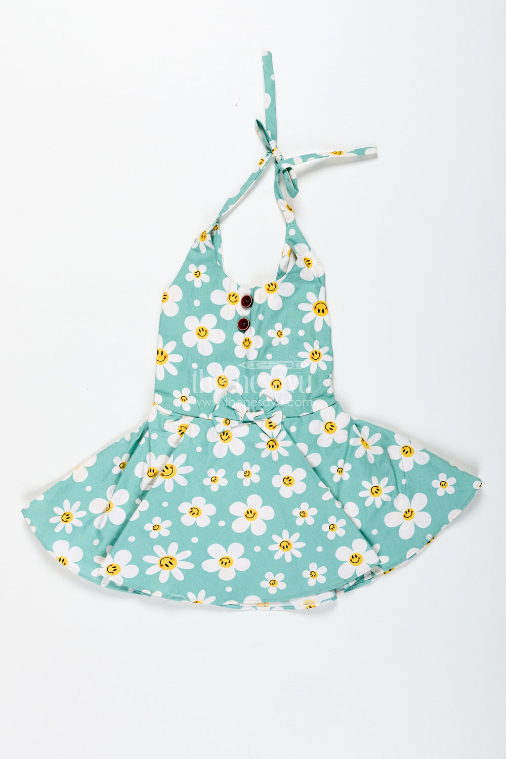 The Nesavu Girls Cotton Frock Girls Green Floral Frock with Smiley Print for Cheerful Summer Twirls Nesavu 16 (1Y) / Green GFC1883A-16 Nesavu Green Cotton Frock Smiley Floral Print Twirl-Worthy Dress Toddler Girls