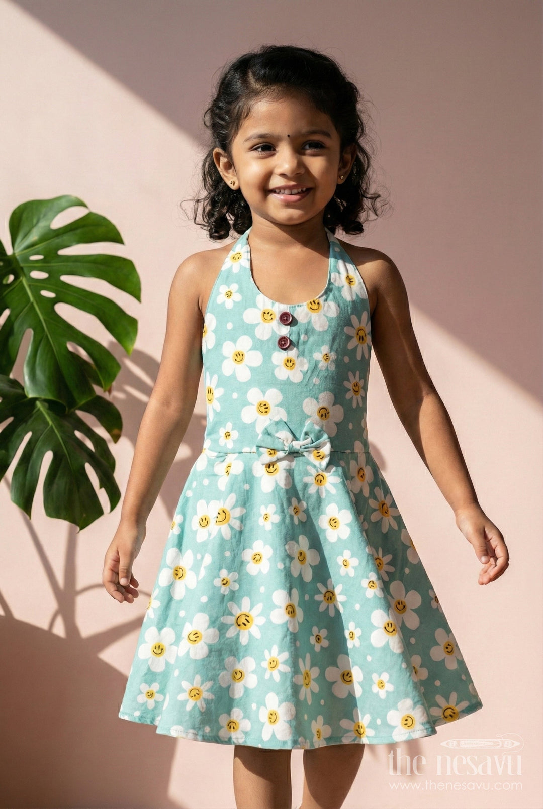 The Nesavu Girls Cotton Frock Girls Green Floral Frock with Smiley Print for Cheerful Summer Twirls Nesavu 16 (1Y) / Green GFC1883A-16 Nesavu Green Cotton Frock Smiley Floral Print Twirl-Worthy Dress Toddler Girls