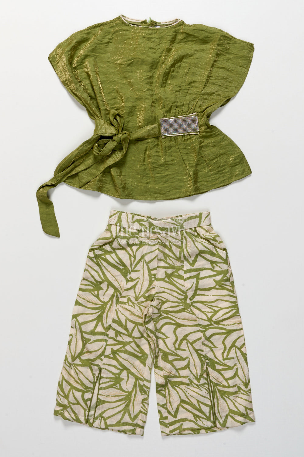 The Nesavu Girls Casual Set Girls Green Georgette Casual Set with Printed Bottoms for Everyday Ethnic Wear Nesavu 18 (2Y) / Green GPS723A-18 Nesavu girls green georgette top printed casual plazo set ethnic day wear