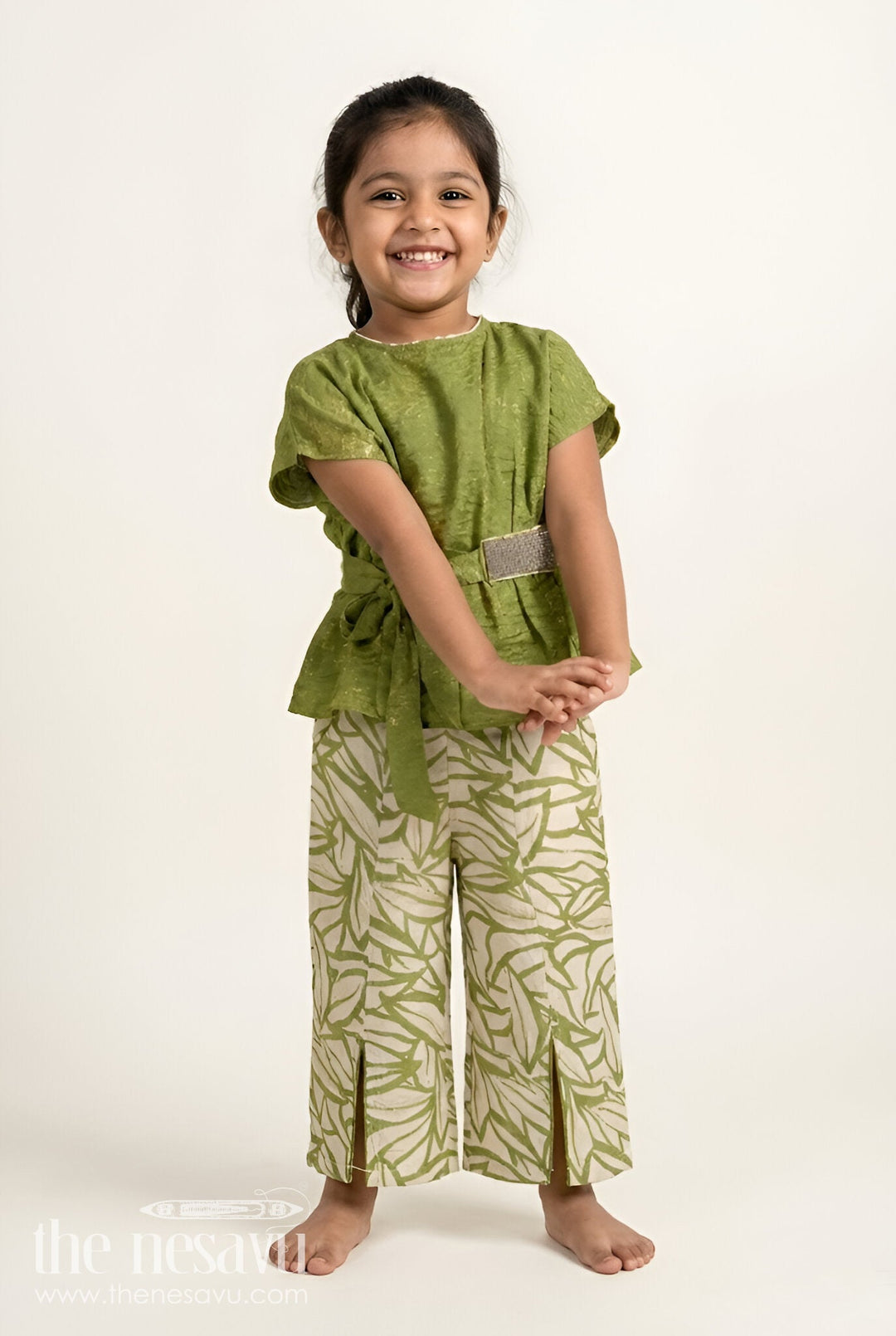 The Nesavu Girls Casual Set Girls Green Georgette Casual Set with Printed Bottoms for Everyday Ethnic Wear Nesavu 18 (2Y) / Green GPS723A-18 Nesavu girls green georgette top printed casual plazo set ethnic day wear