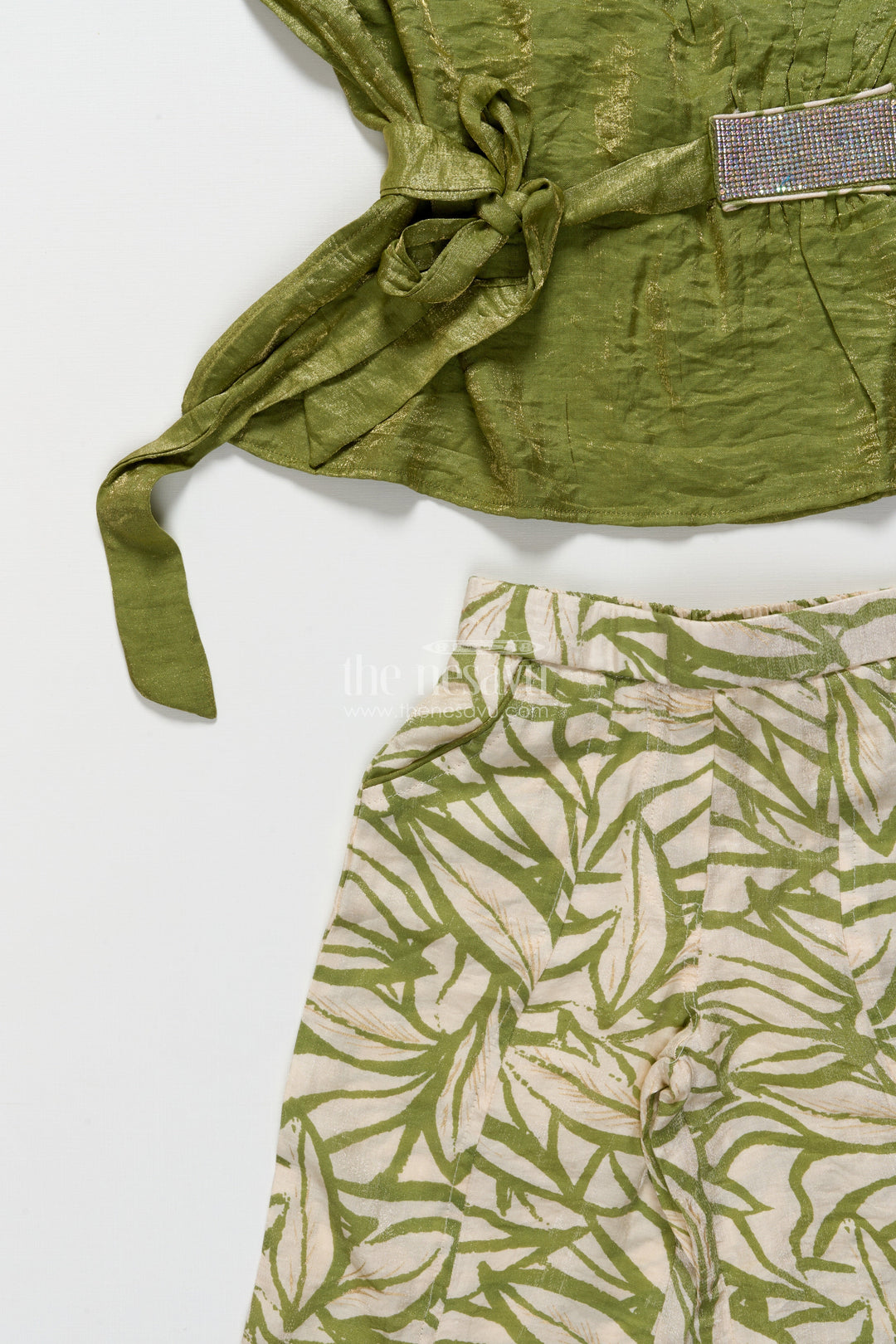 The Nesavu Girls Casual Set Girls Green Georgette Casual Set with Printed Bottoms for Everyday Ethnic Wear Nesavu Nesavu girls green georgette top printed casual plazo set ethnic day wear