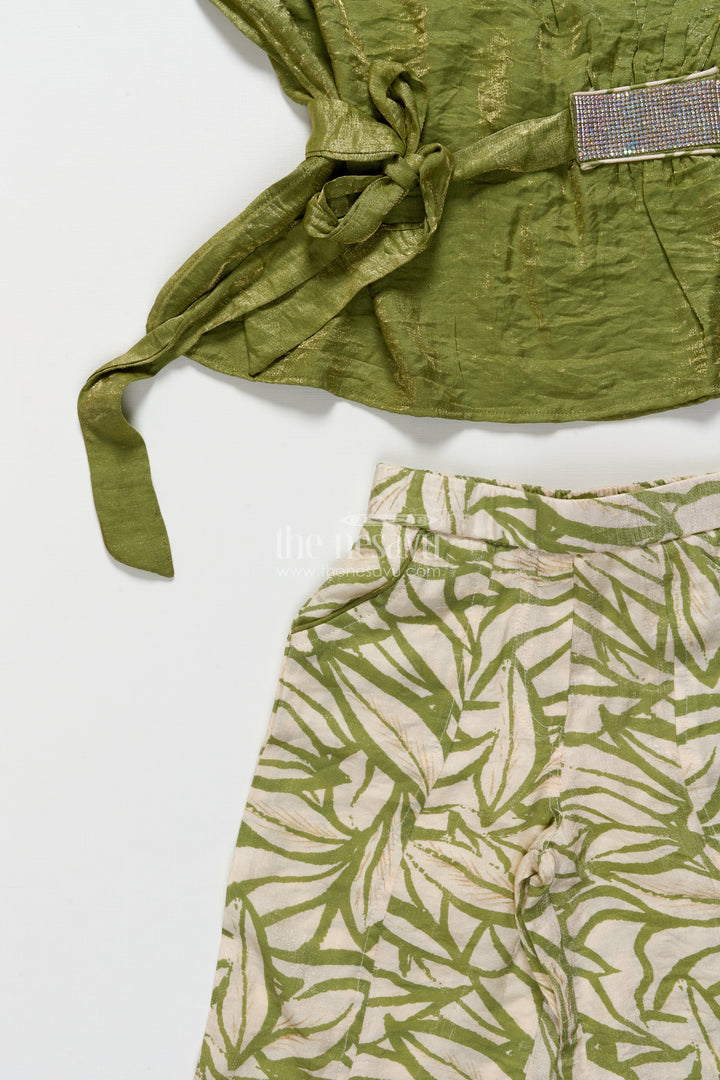 The Nesavu Girls Casual Set Girls Green Georgette Casual Set with Printed Bottoms for Everyday Ethnic Wear Nesavu Nesavu girls green georgette top printed casual plazo set ethnic day wear