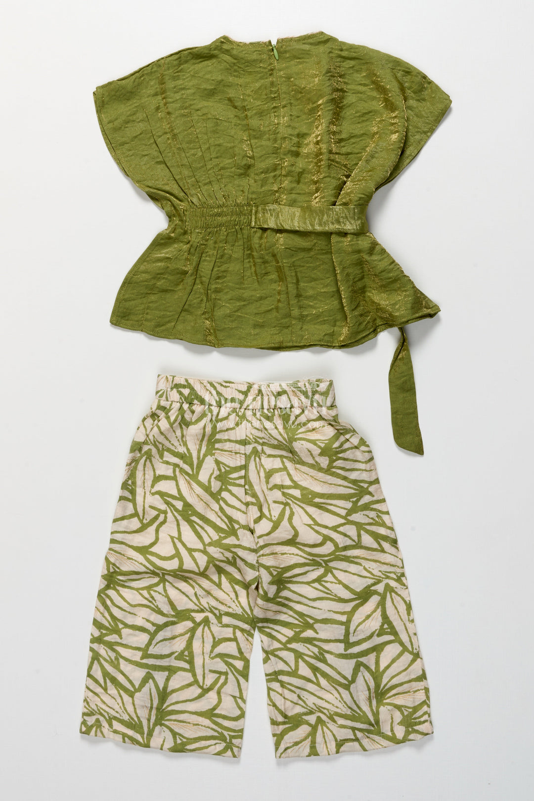The Nesavu Girls Casual Set Girls Green Georgette Casual Set with Printed Bottoms for Everyday Ethnic Wear Nesavu Nesavu girls green georgette top printed casual plazo set ethnic day wear