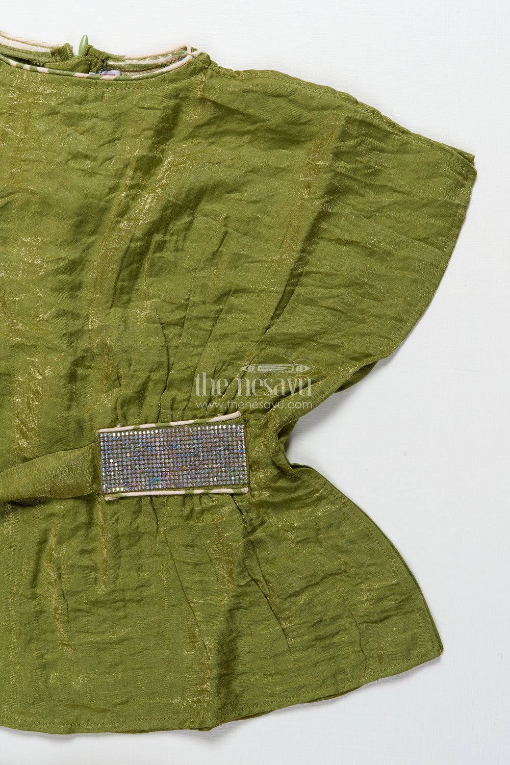 The Nesavu Girls Casual Set Girls Green Georgette Casual Set with Printed Bottoms for Everyday Ethnic Wear Nesavu Nesavu girls green georgette top printed casual plazo set ethnic day wear