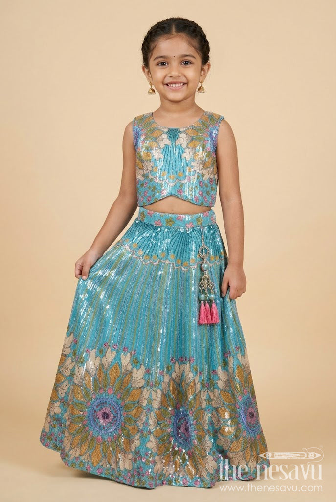The Nesavu Girls Lehenga Choli Girls Green Lehenga Choli with Sequin Embroidery for Festive and Wedding Wear Nesavu 24 (5Y) / Green GL714B-24 Nesavu girls green lehenga choli georgette sequin embroidery  ideal weddings festivals