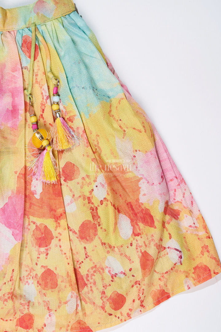 The Nesavu Girls Lehenga Choli Girls Green Lehenga for Reception with Shimmer Embroidery and Digital Printed Flair Nesavu Nesavu Girls Green Lehenga Reception Mirror Work Embroidery Digital Print