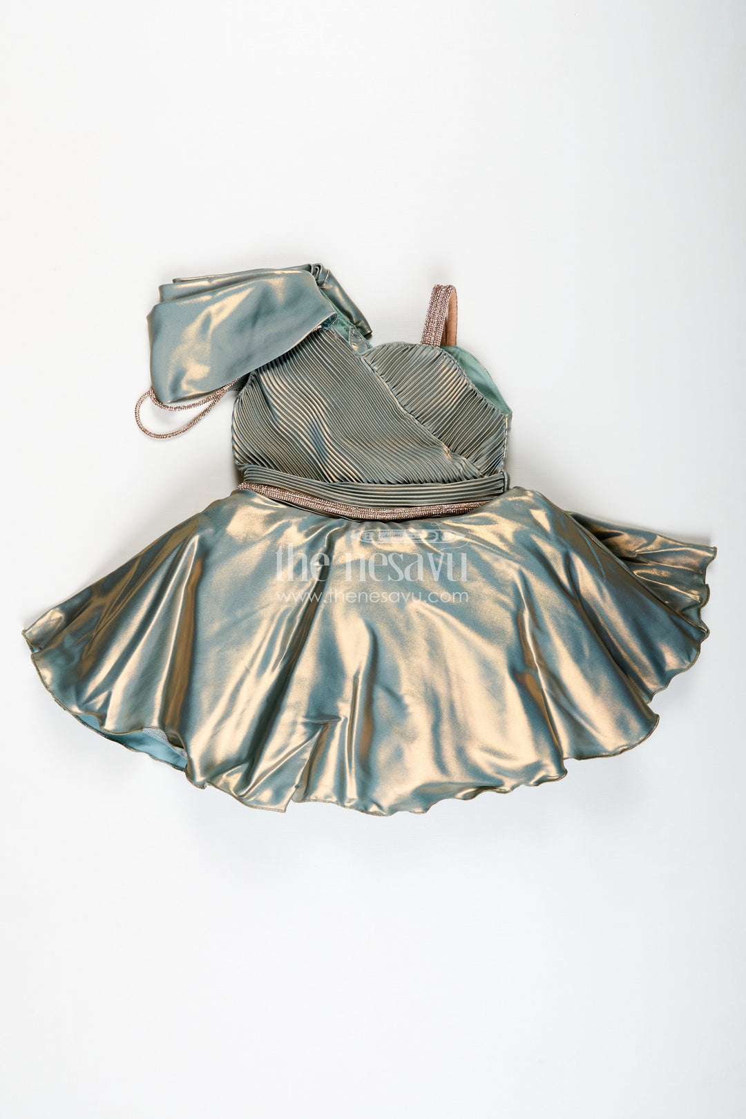 The Nesavu Girls Fancy Party Frock Girls Green Party Frock In Glaze Organza With Shimmer Finish Nesavu Nesavu Green Organza Party Frock Girls One-Shoulder Shimmer Dress Birthdays Events