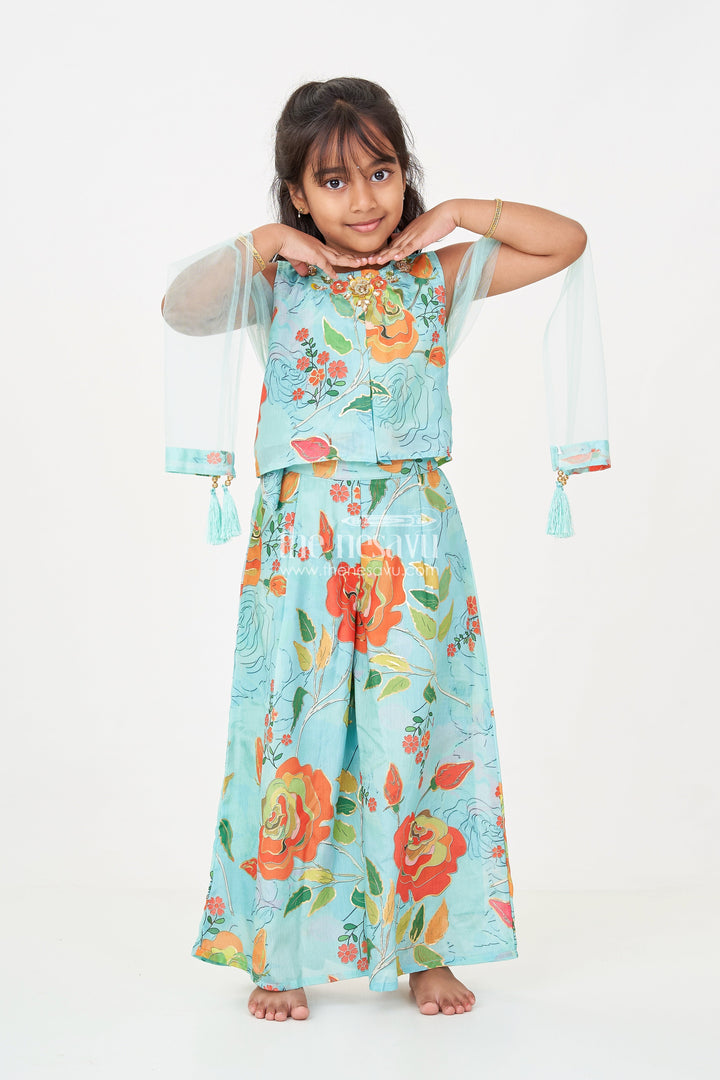 The Nesavu Girls Sharara / Plazo Set Girls green sharara for mehendi with Chinon Silk Floral Digital Print and Embellished Neckline Nesavu Nesavu Girls green sharara mehendi Chinon Silk Floral Print Embellished Neckline