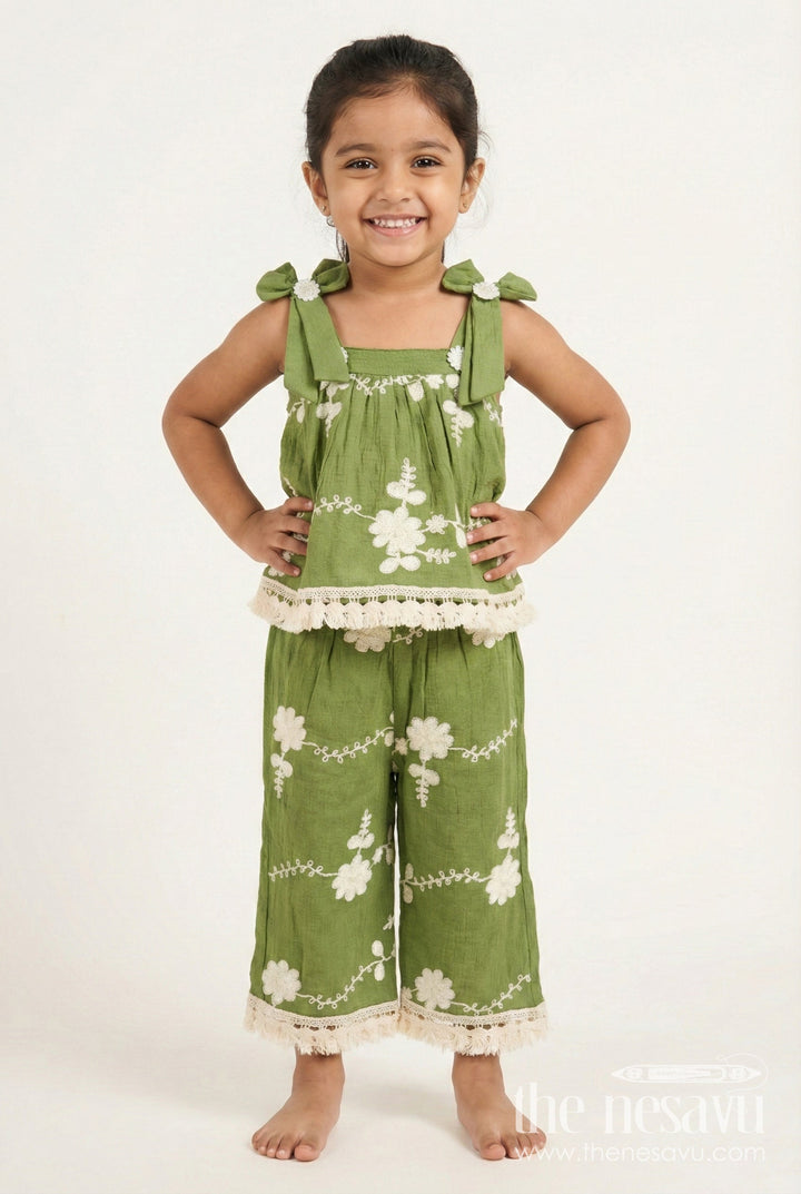 The Nesavu Girls Co-Ord Sets Girls Green Sharara Set In Cotton with Thread Embroidery for Festive Days Nesavu 18 (2Y) / Green GPS889A-18 Nesavu girls green cotton sharara set thread embroidery  ideal festive occasions ethnic events
